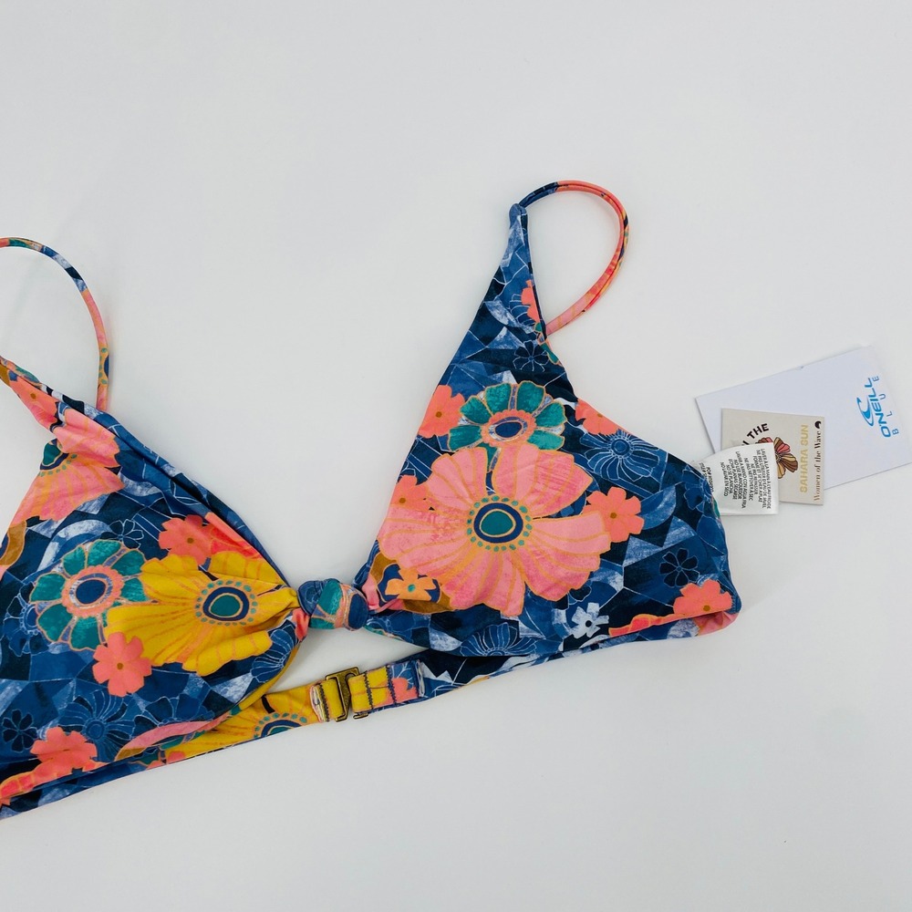 O'Neill Sahara Sun Bikini Top Womens Medium Blue Floral Knot Front Triangle Swim